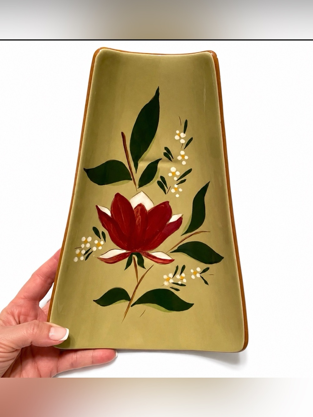 Stangl Pottery 'Magnolia' Footed Relish Tray Curved Dish Mid Century Modern
